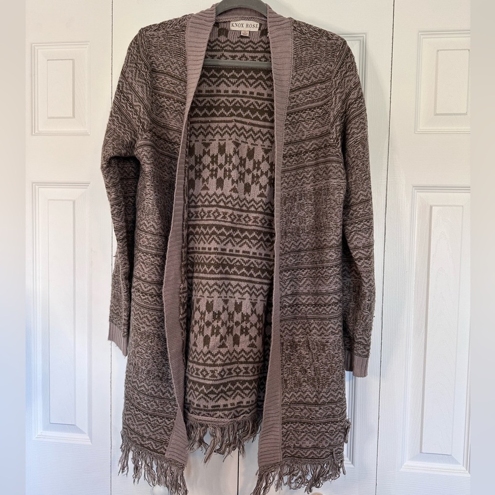 Knox Rose Long Sweater Cardigan Purple Brown Tan Gold Glitter and Fringe